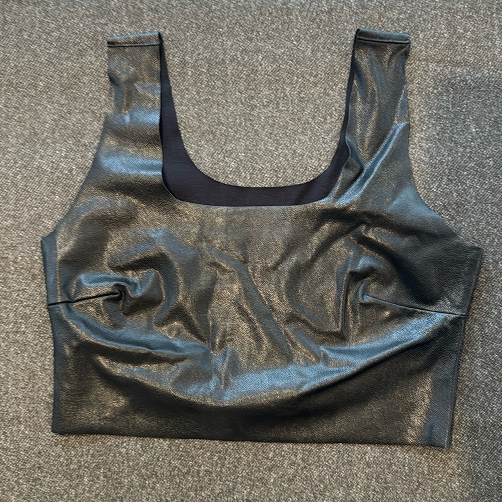 Black faux patent leather crop top